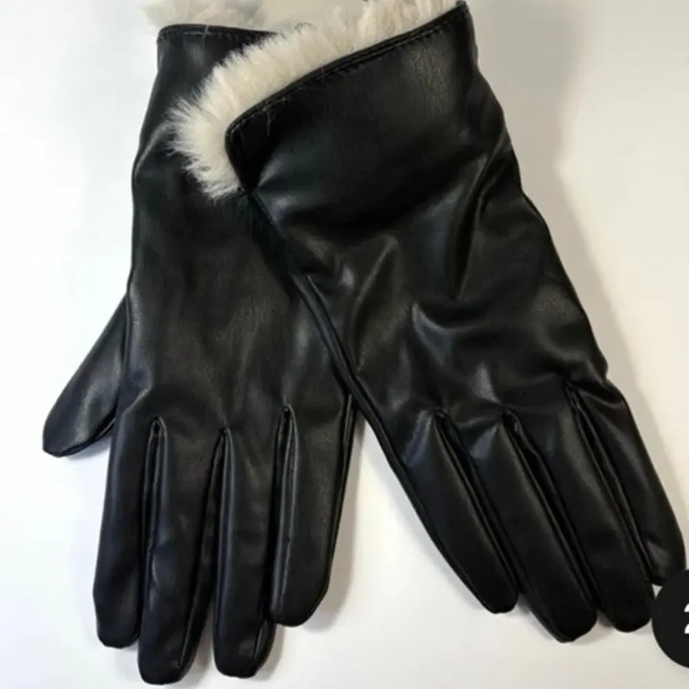 Worthington Womens Black Leather Gloves Size L-XL With Faux Fur Wrist Length